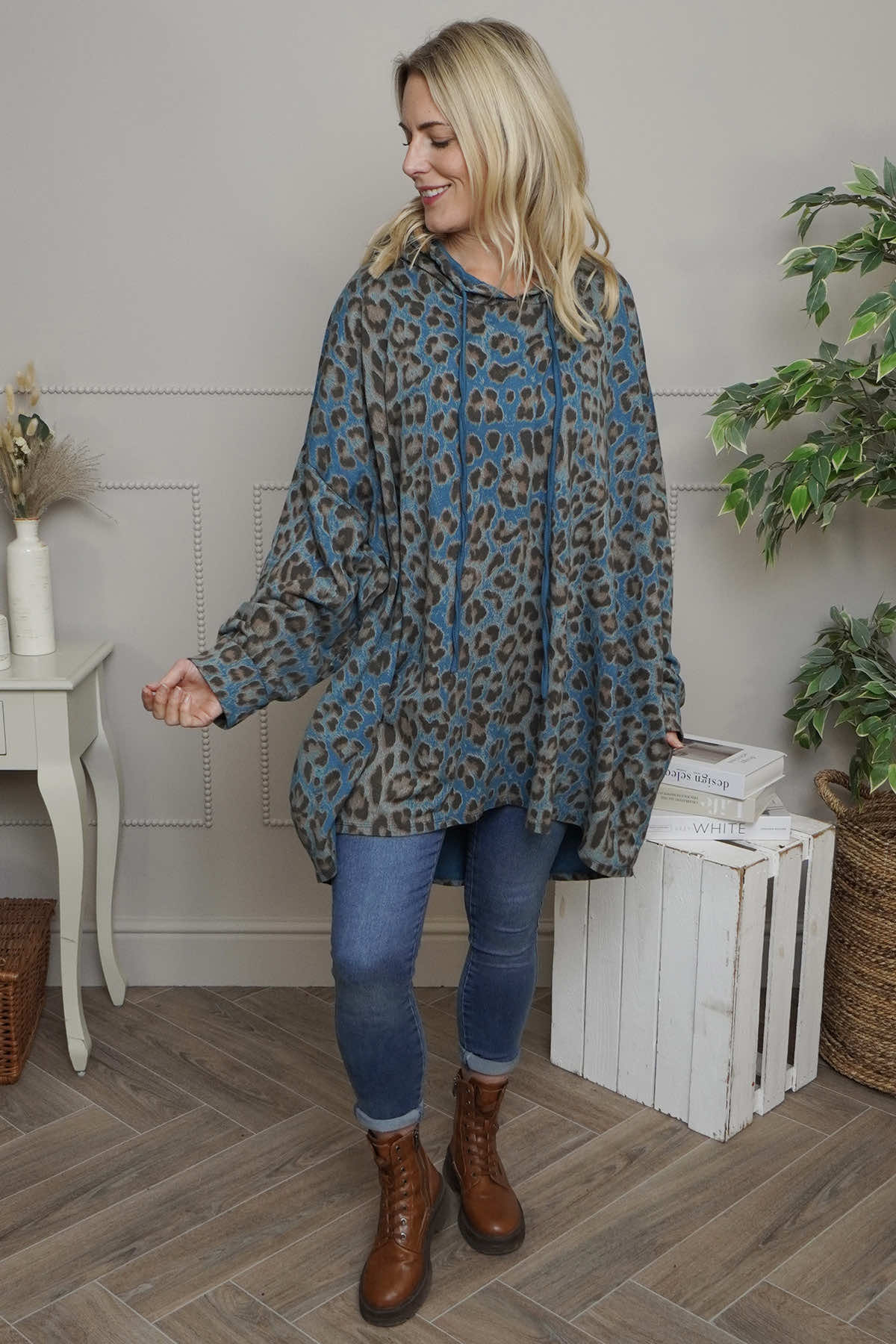 Shayla Leopard Hooded Cotton Top Teal
