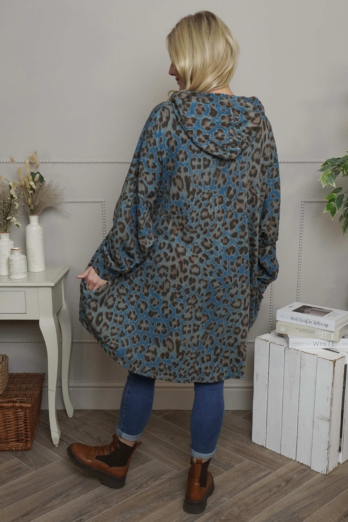 Shayla Leopard Hooded Cotton Top Teal