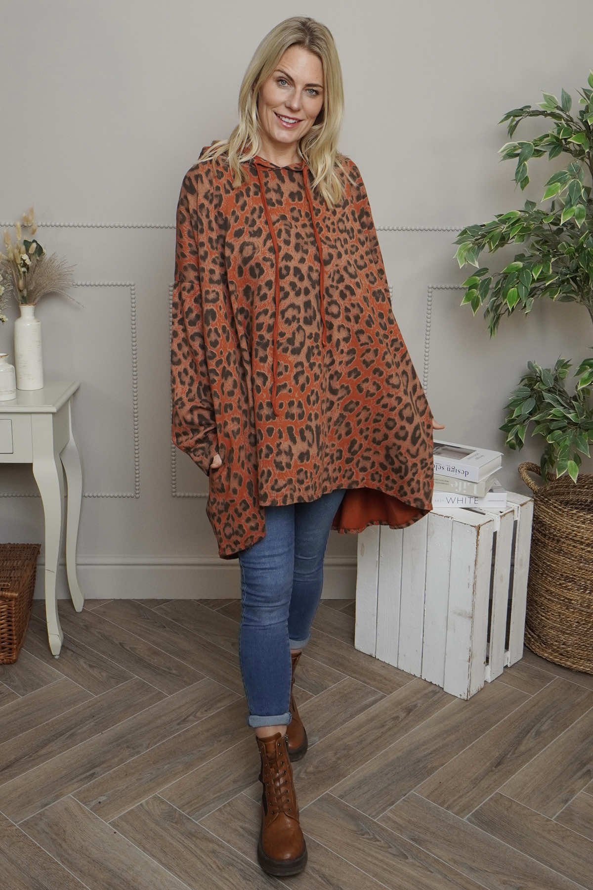 Shayla Leopard Hooded Cotton Top Burnt Orange