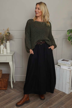 Georgetta Belted Cotton Skirt Black