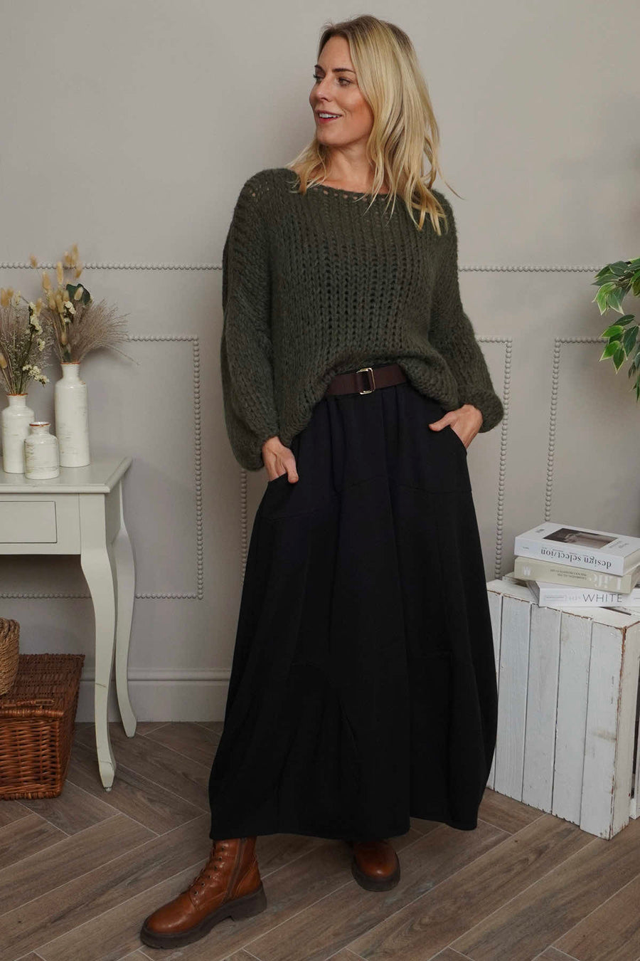 Georgetta Belted Cotton Skirt Black