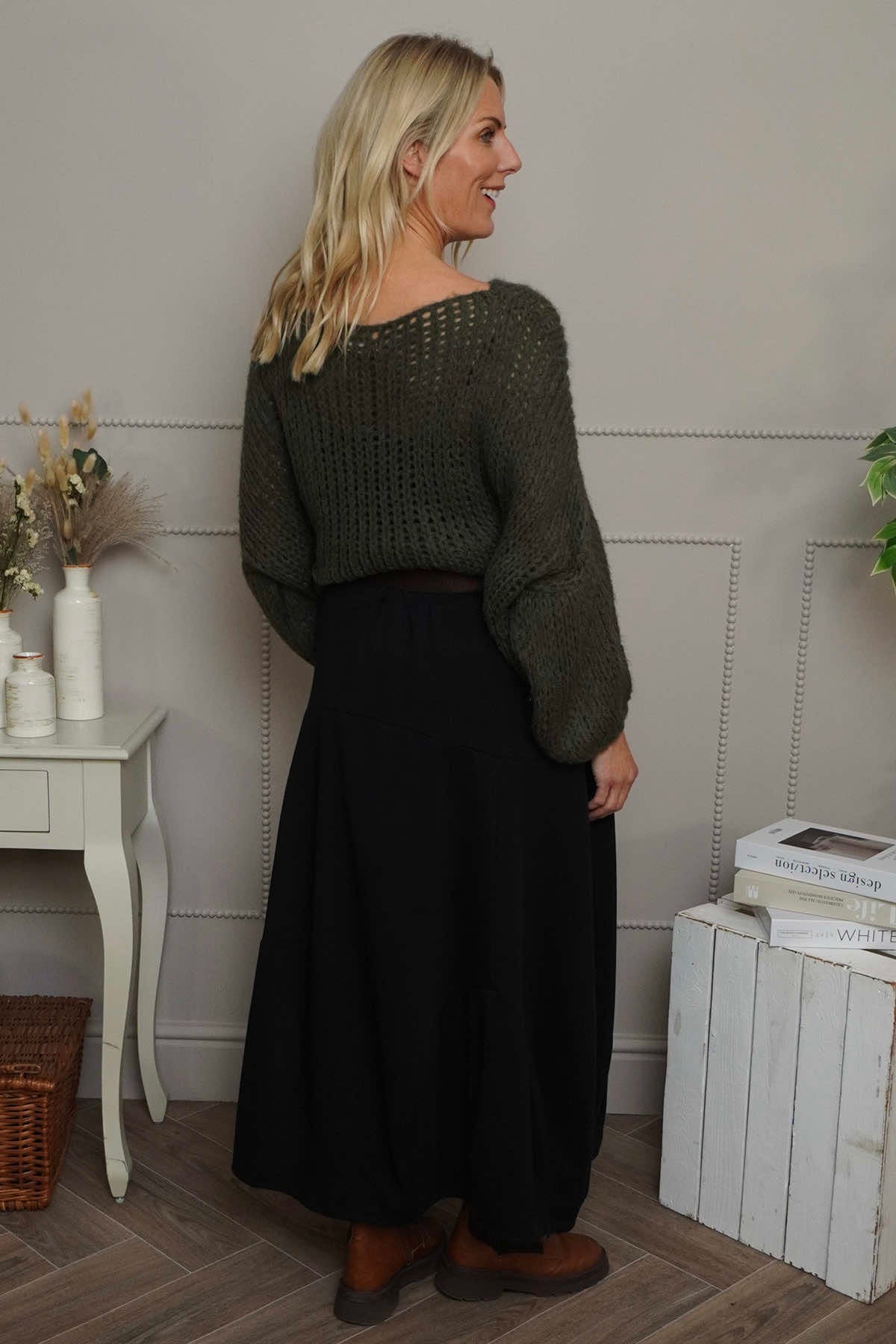 Georgetta Belted Cotton Skirt Black