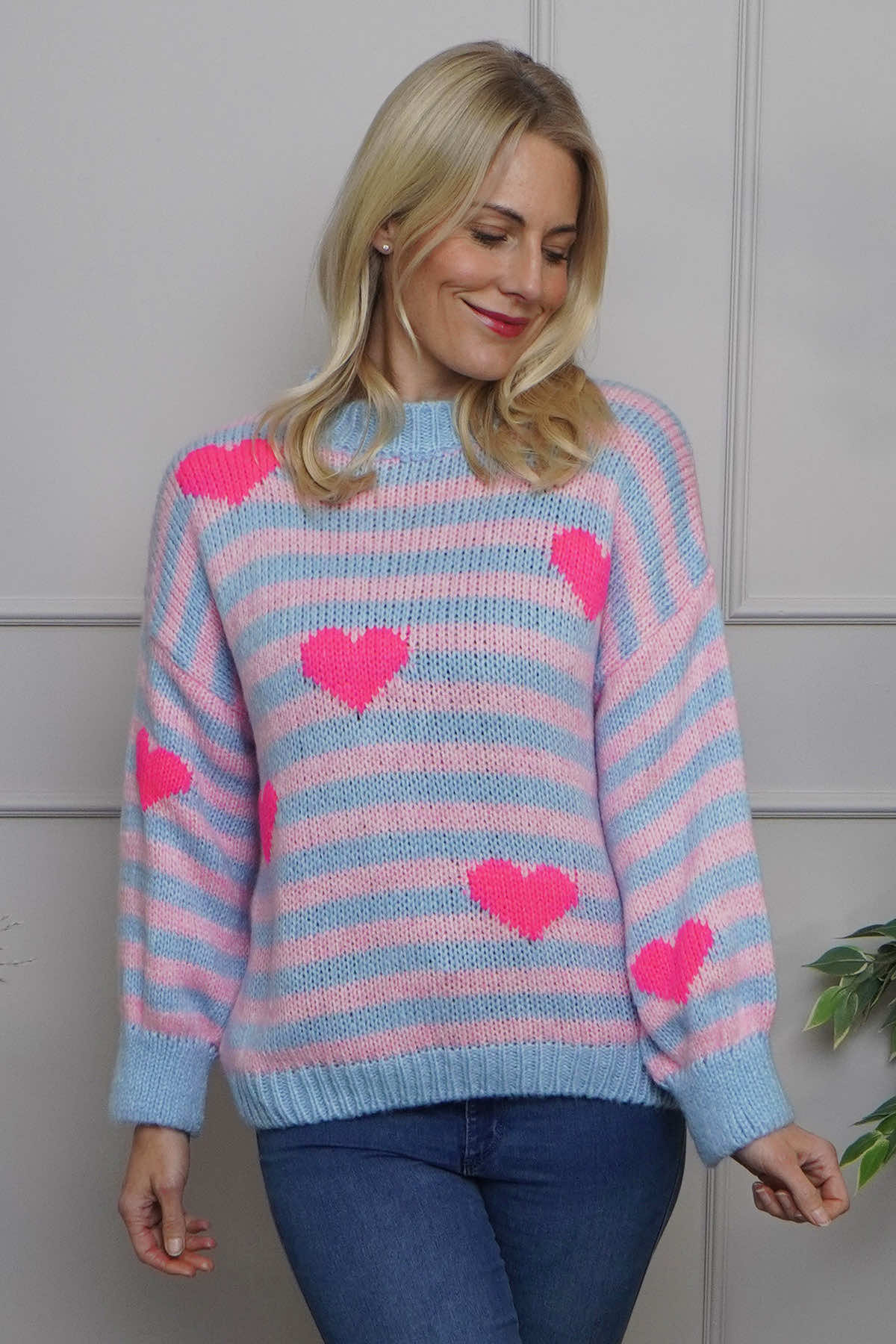 Carina Heart Stripe Knitted Jumper Light Blue