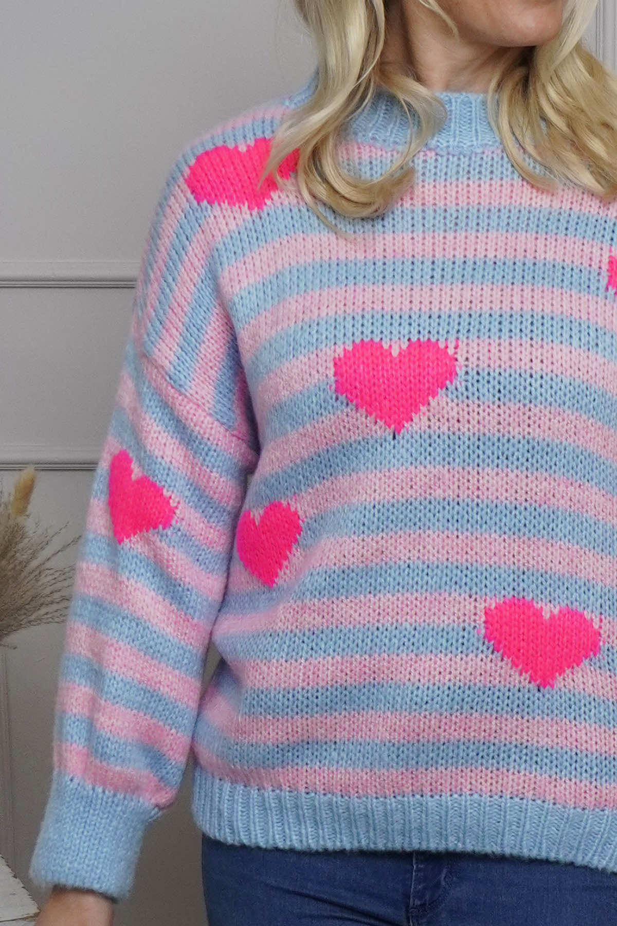 Carina Heart Stripe Knitted Jumper Light Blue
