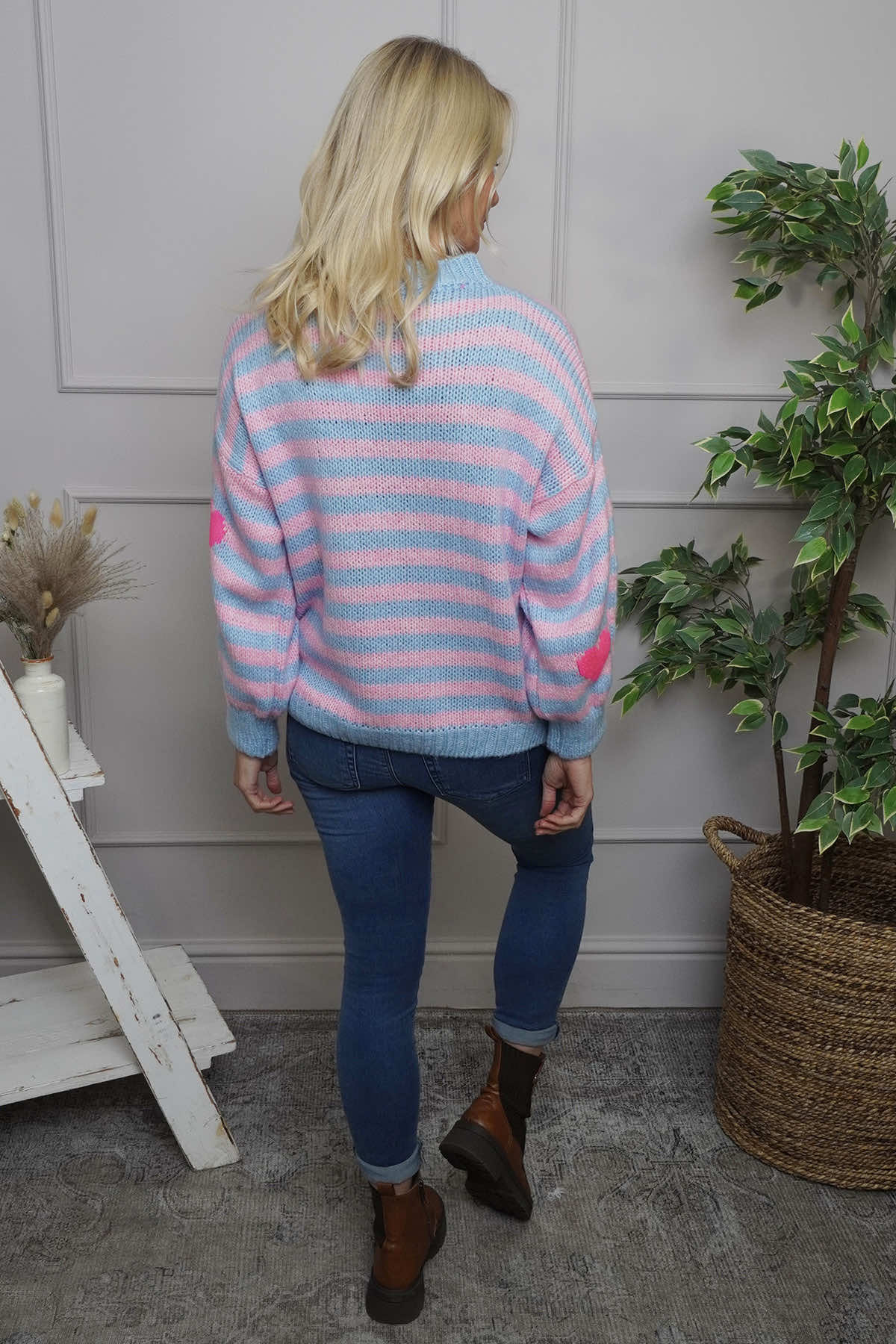 Carina Heart Stripe Knitted Jumper Light Blue