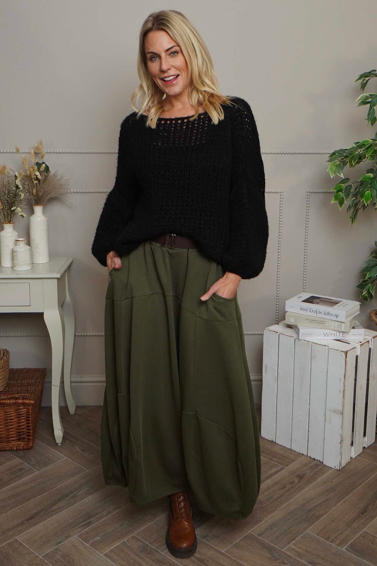 Georgetta Belted Cotton Skirt Khaki