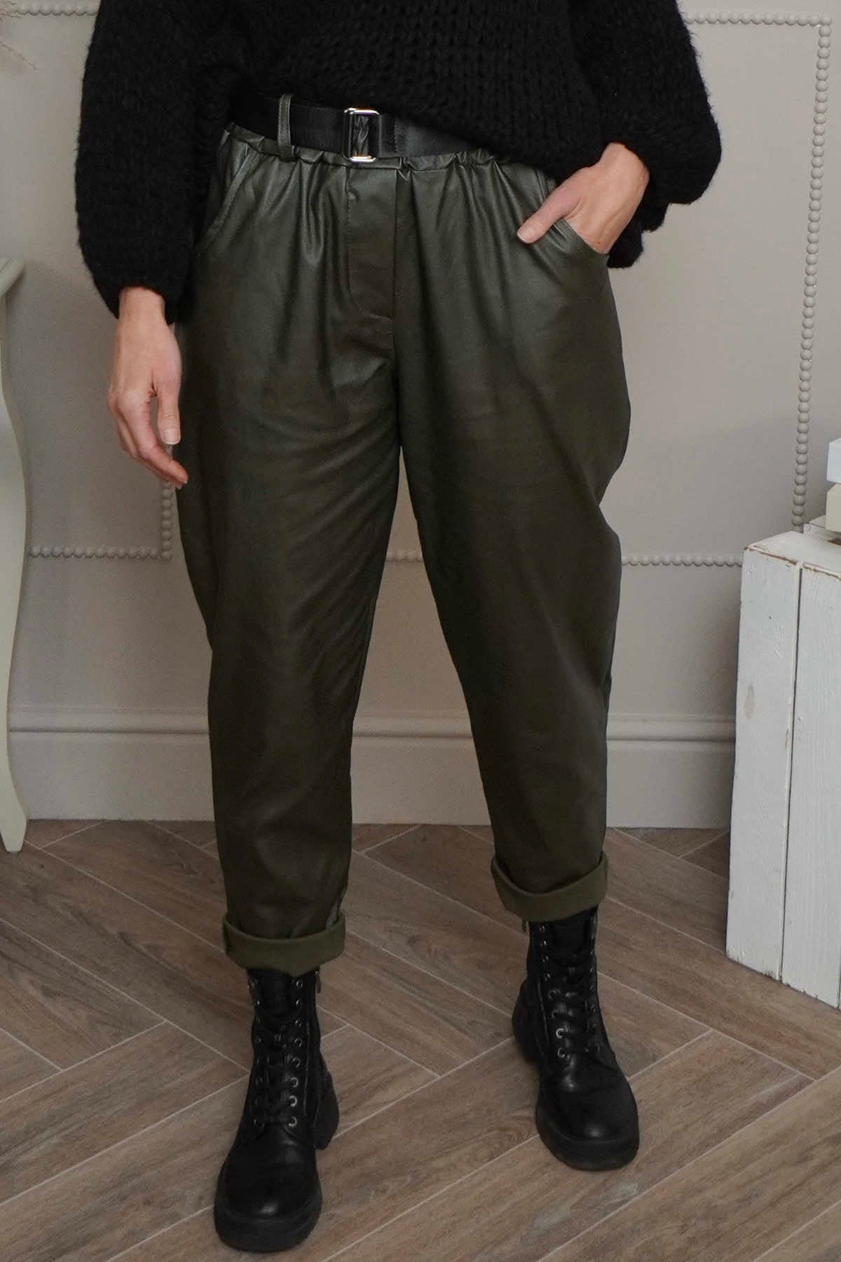 Hilary Wet Look Trousers Khaki