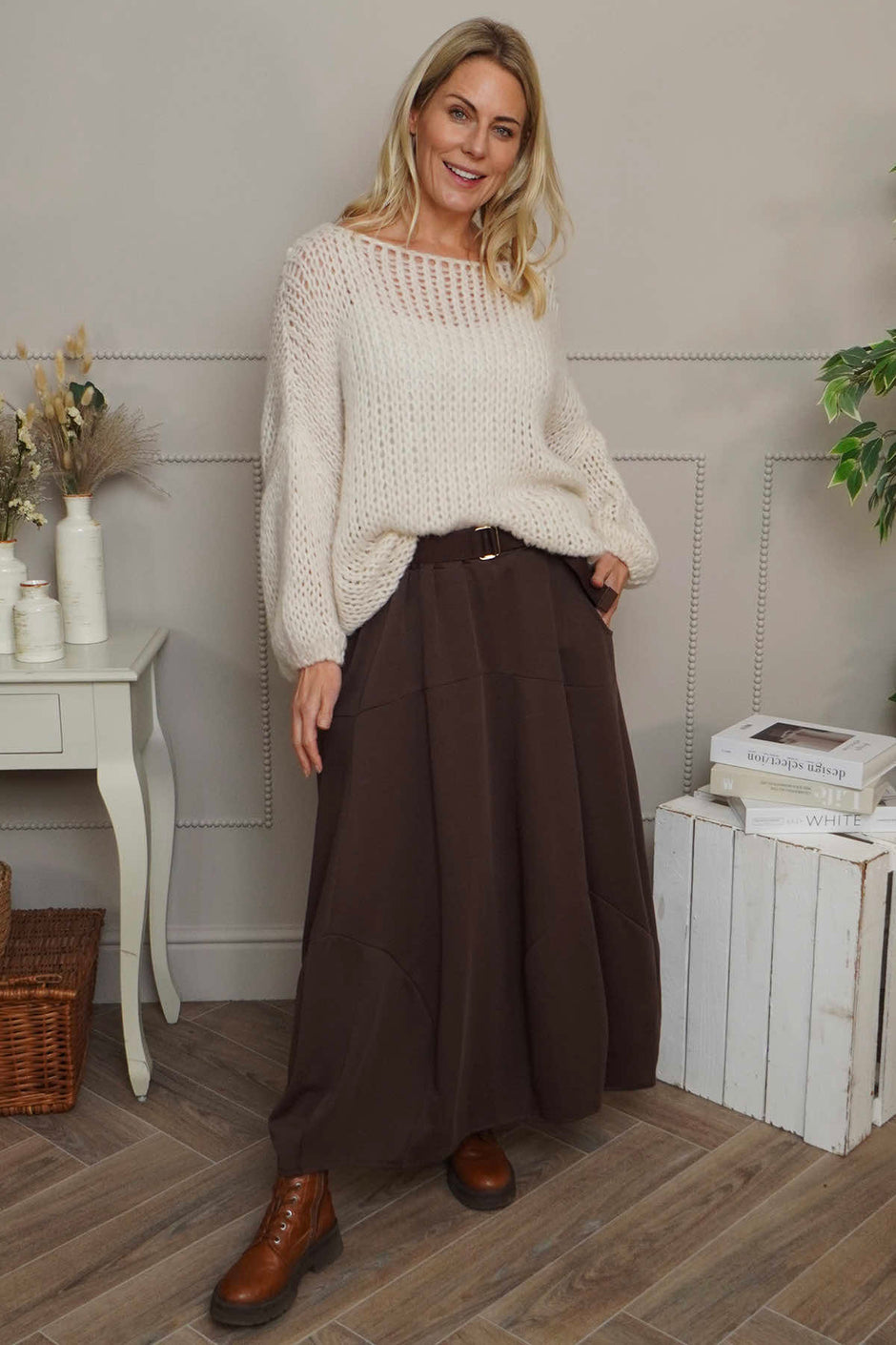 Georgetta Belted Cotton Skirt Cocoa