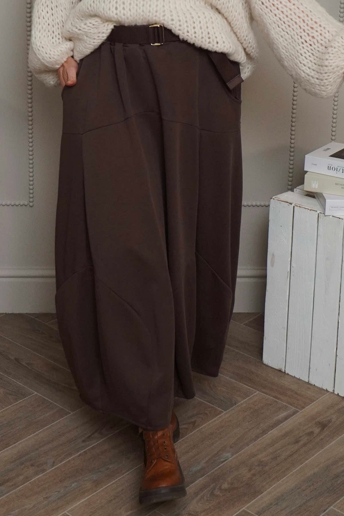 Georgetta Belted Cotton Skirt Cocoa