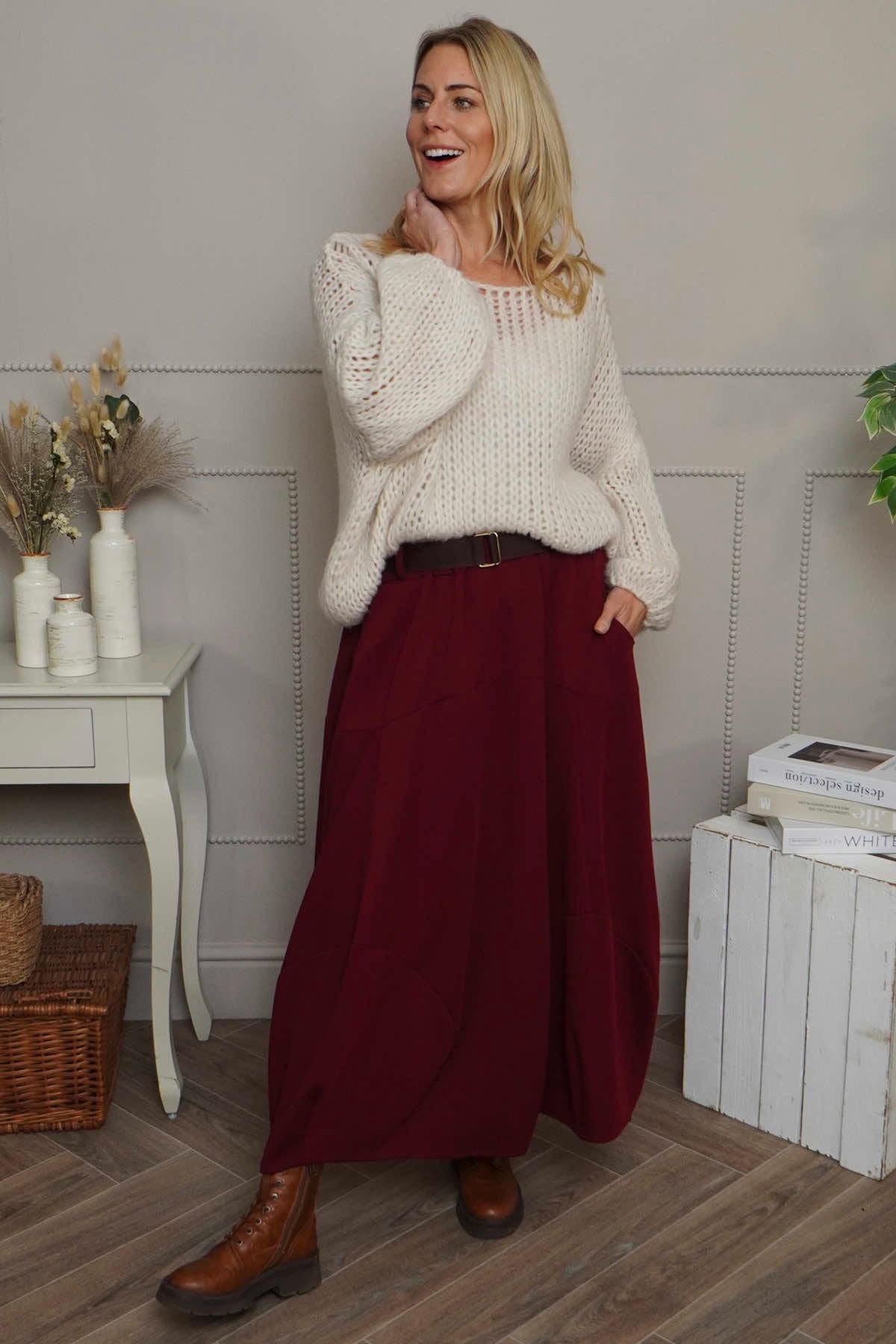 Georgetta Belted Cotton Skirt Wine