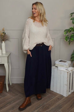 Georgetta Belted Cotton Skirt Navy