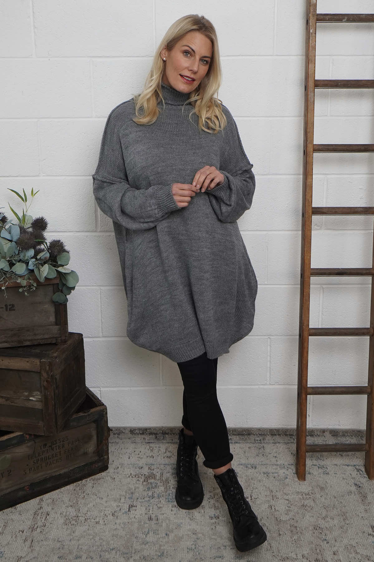 Bridie Polo Neck Knitted Tunic Grey
