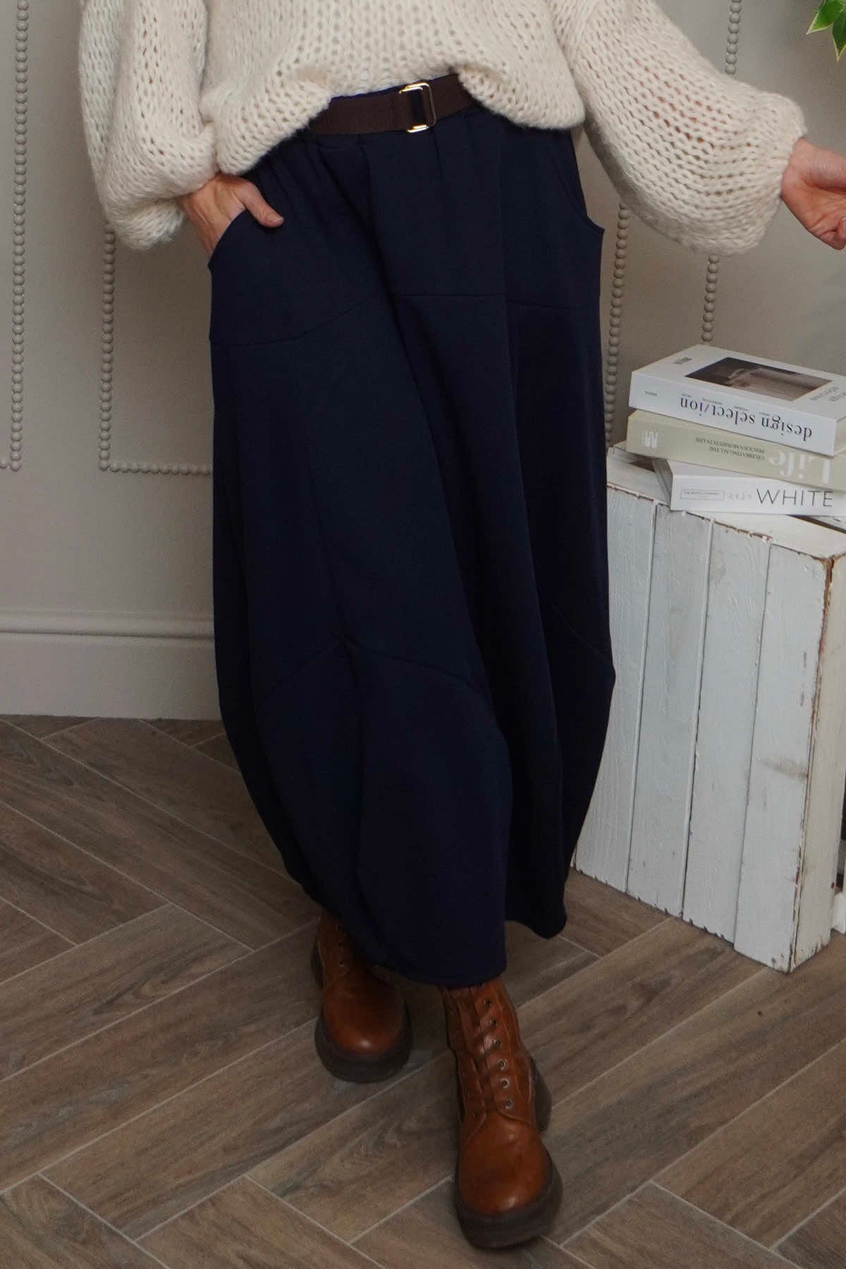 Georgetta Belted Cotton Skirt Navy