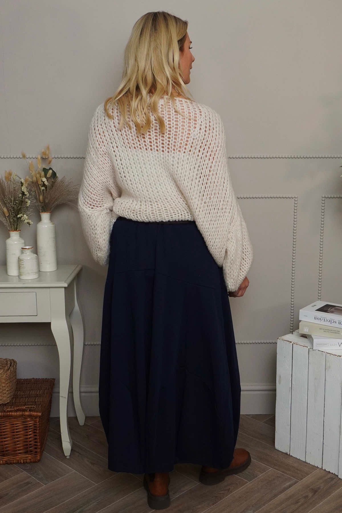 Georgetta Belted Cotton Skirt Navy