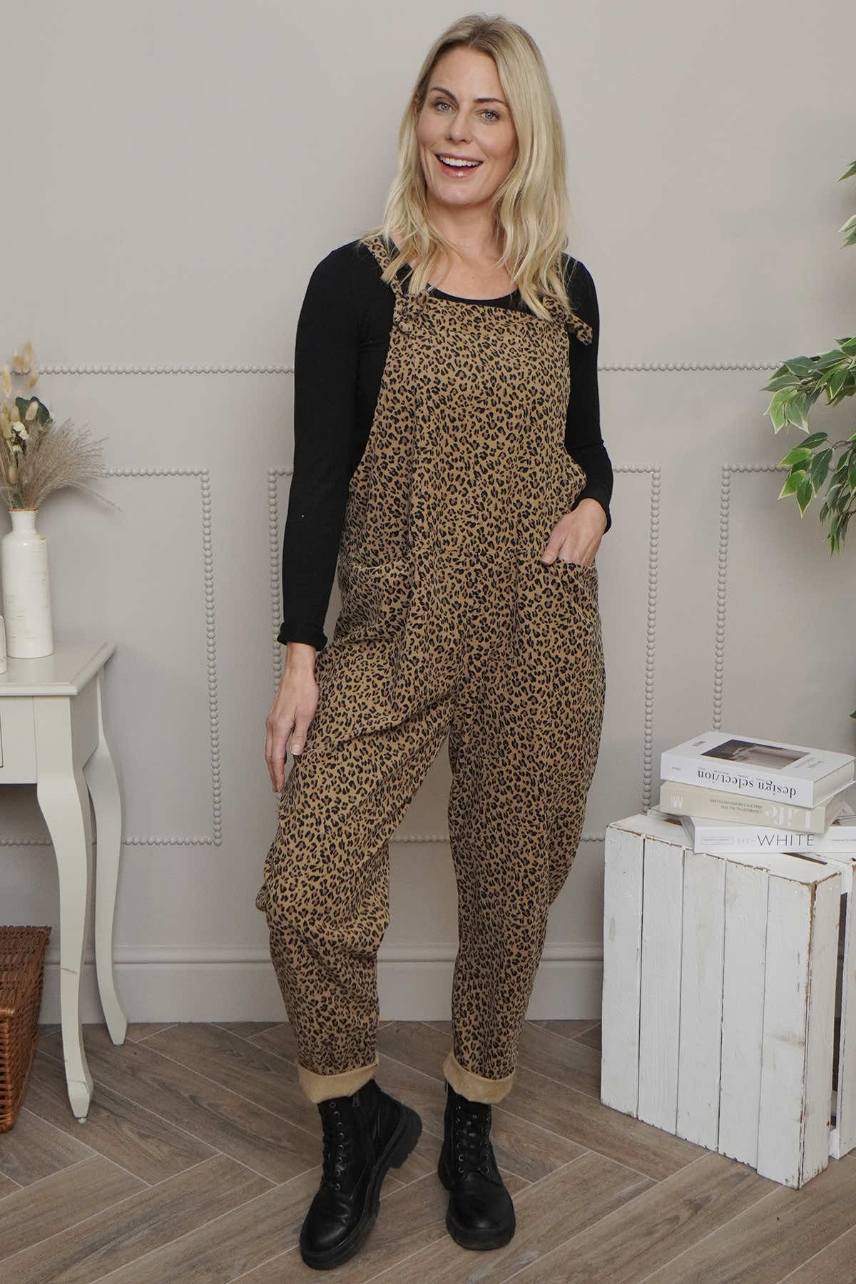 Pabo Leopard Needlecord Dungarees Camel