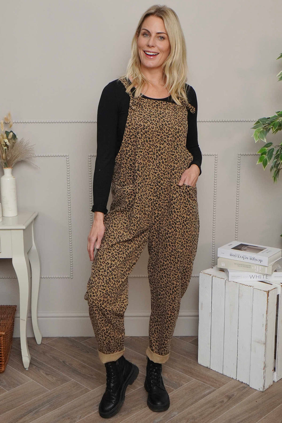 Pabo Leopard Needlecord Dungarees Camel