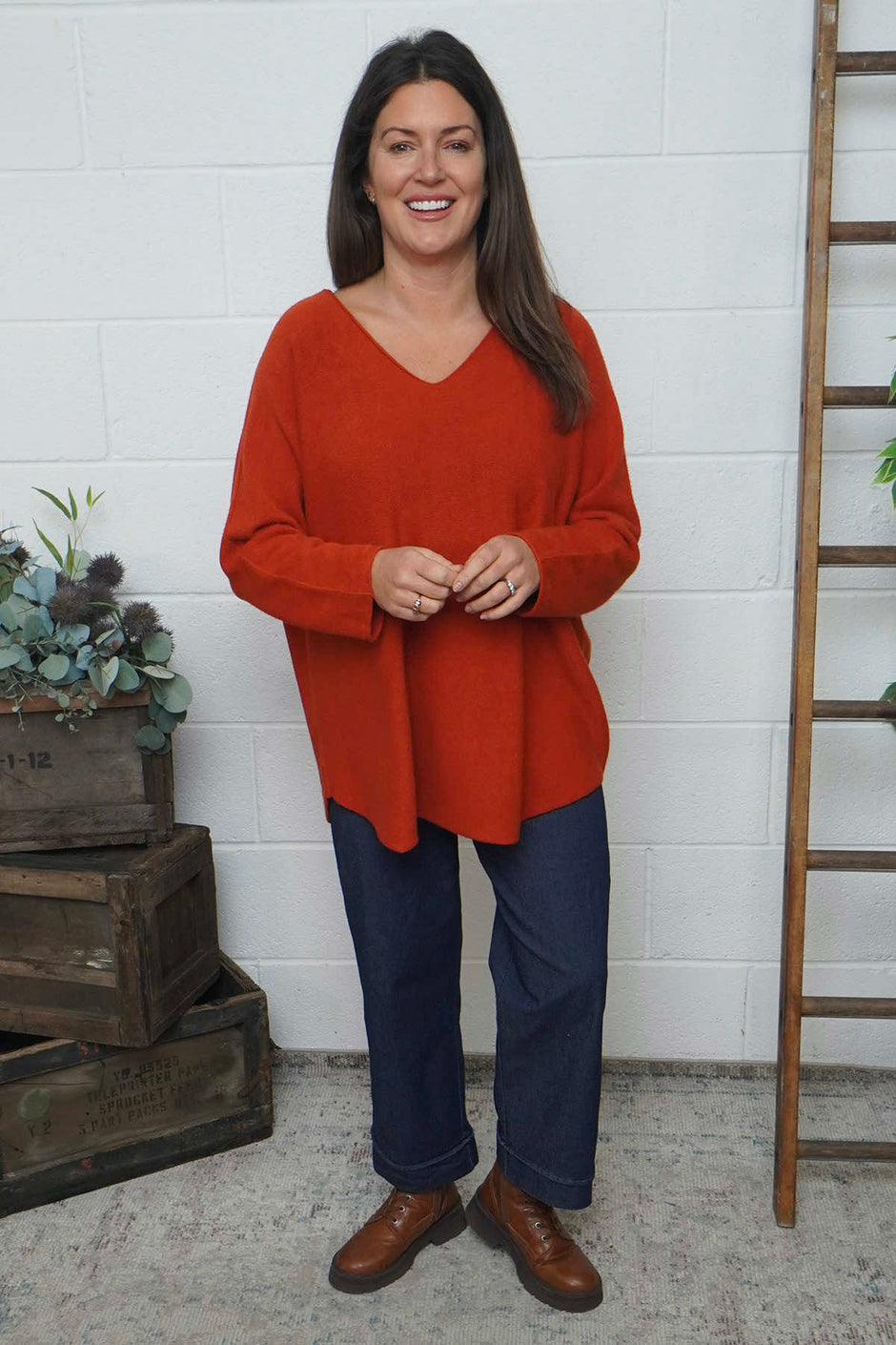 Lynna V-Neck Jumper Burnt Orange