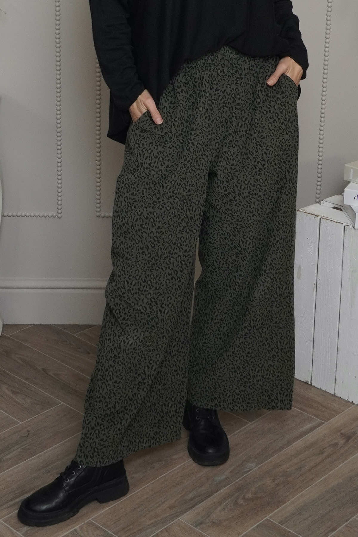 Sidonie Leopard Needlecord Trousers Khaki