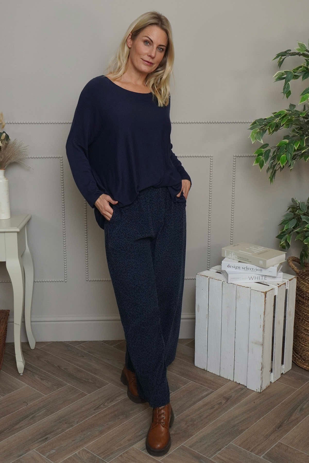 Sidonie Leopard Needlecord Trousers Navy