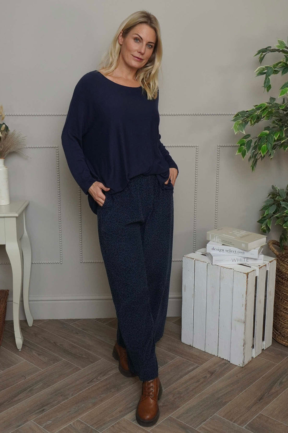 Sidonie Leopard Needlecord Trousers Navy