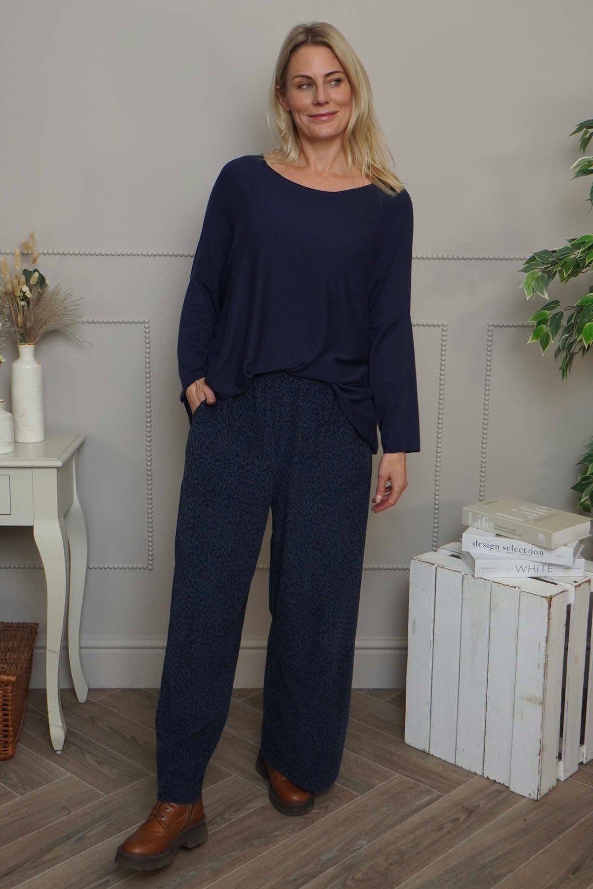Sidonie Leopard Needlecord Trousers Navy