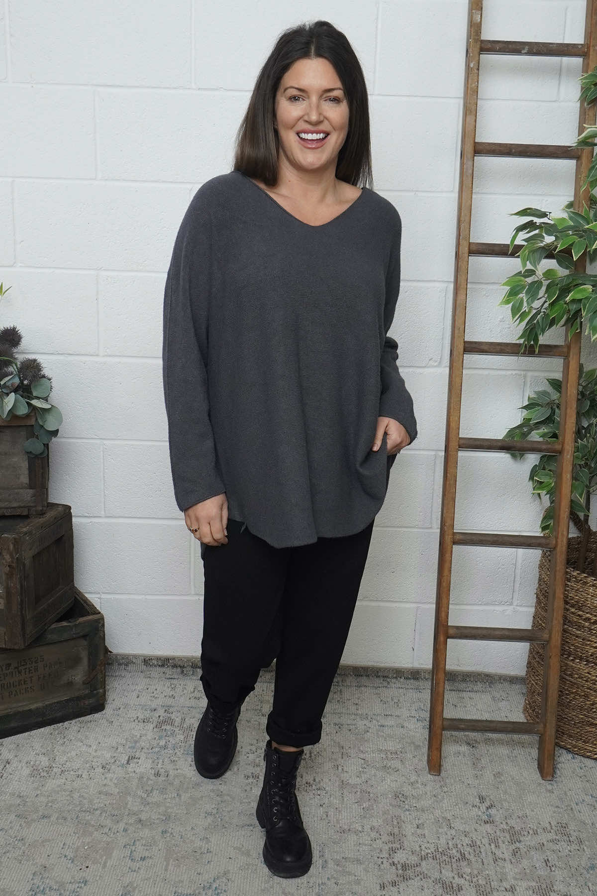 Lynna V-Neck Jumper Charcoal