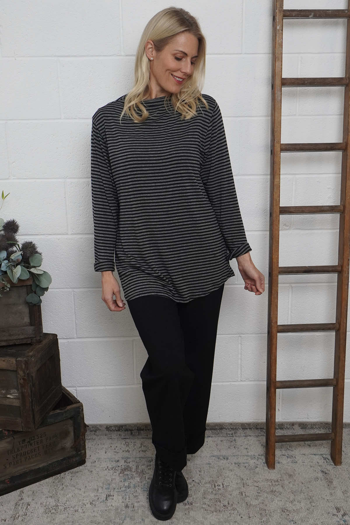 Lyssa Cowl Neck Stripe Top Mid Grey