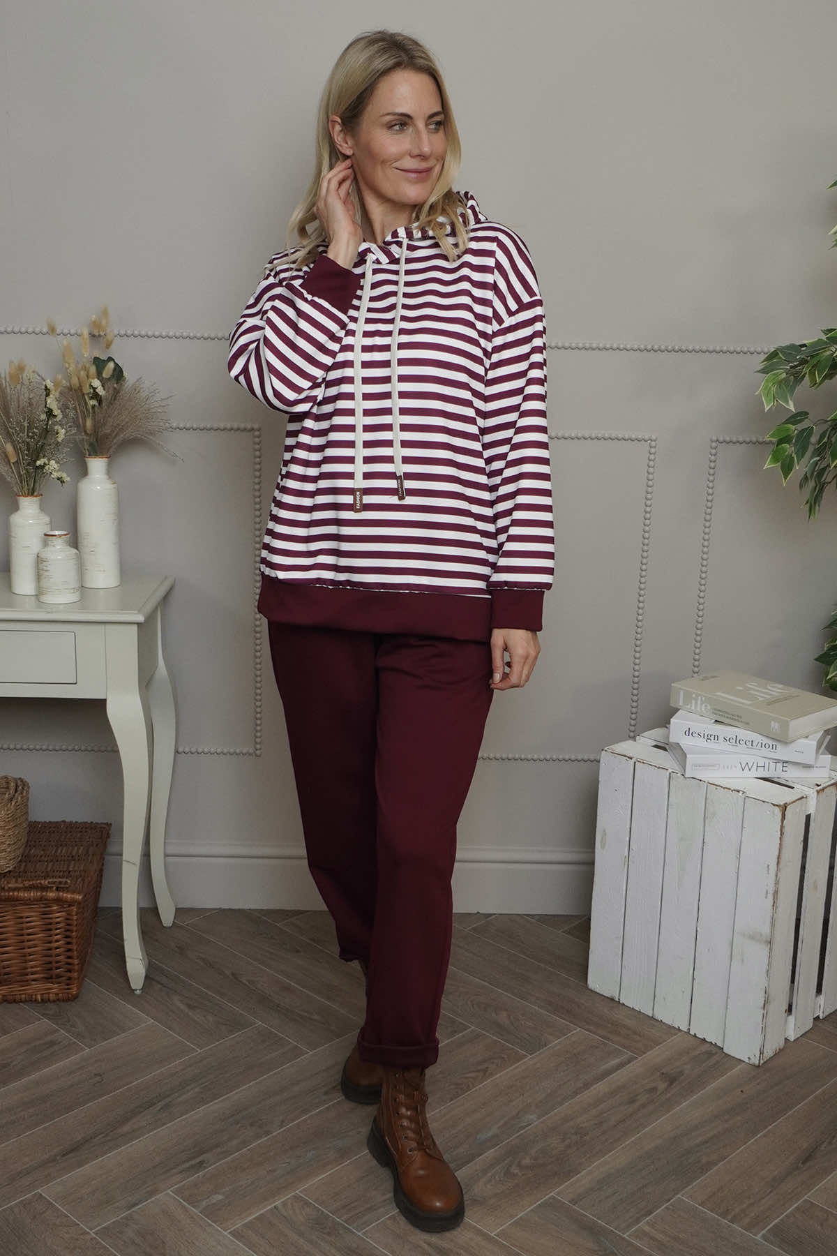 Selena Stripe Hooded Top Burgundy