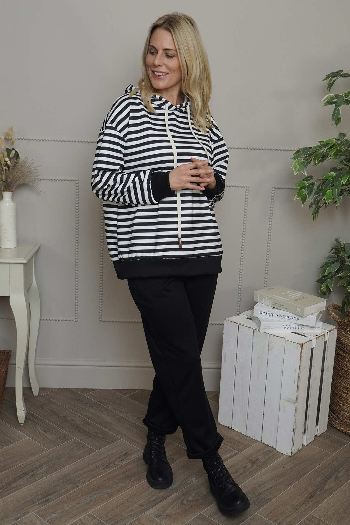 Selena Stripe Hooded Top Black