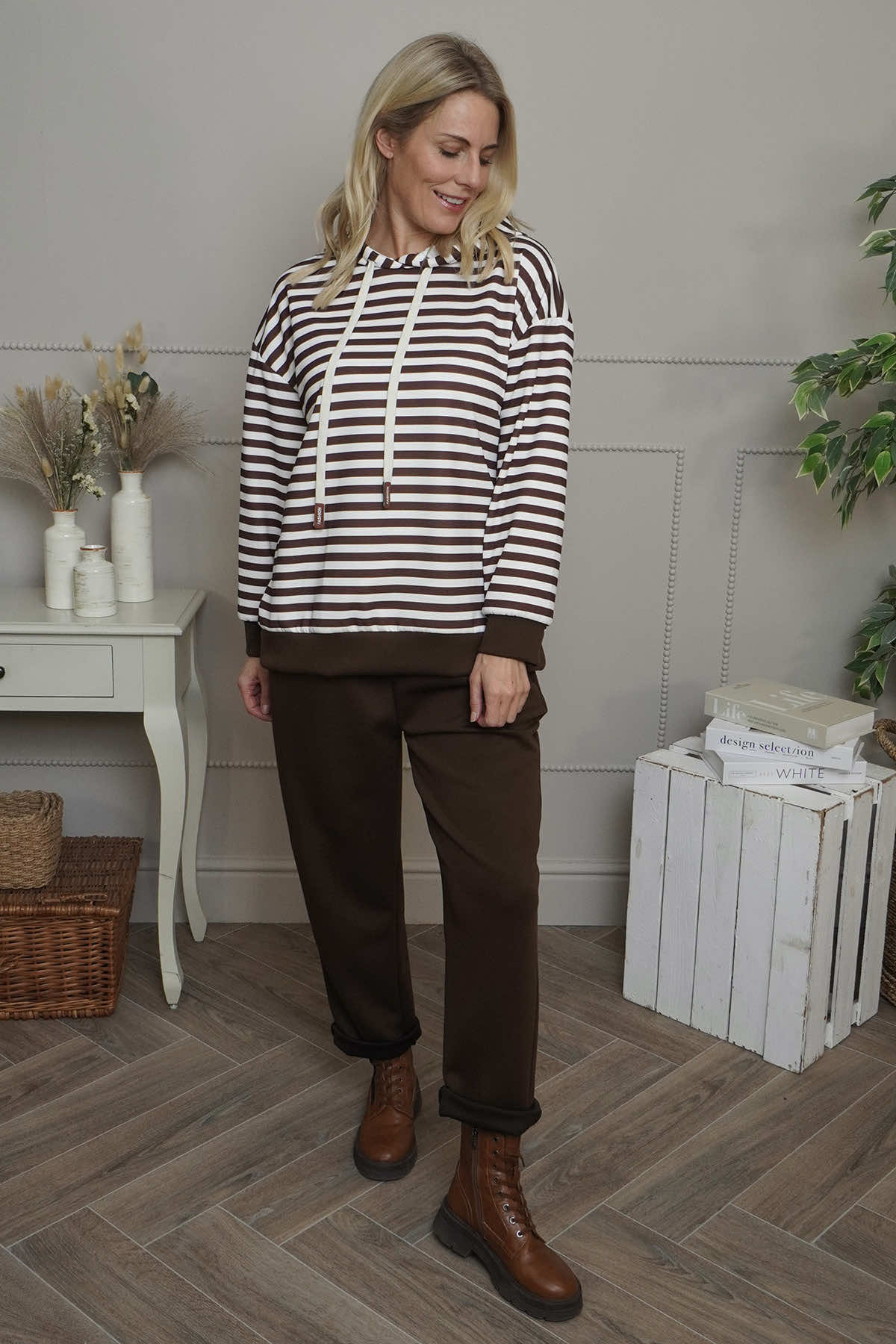 Selena Stripe Hooded Top Cocoa