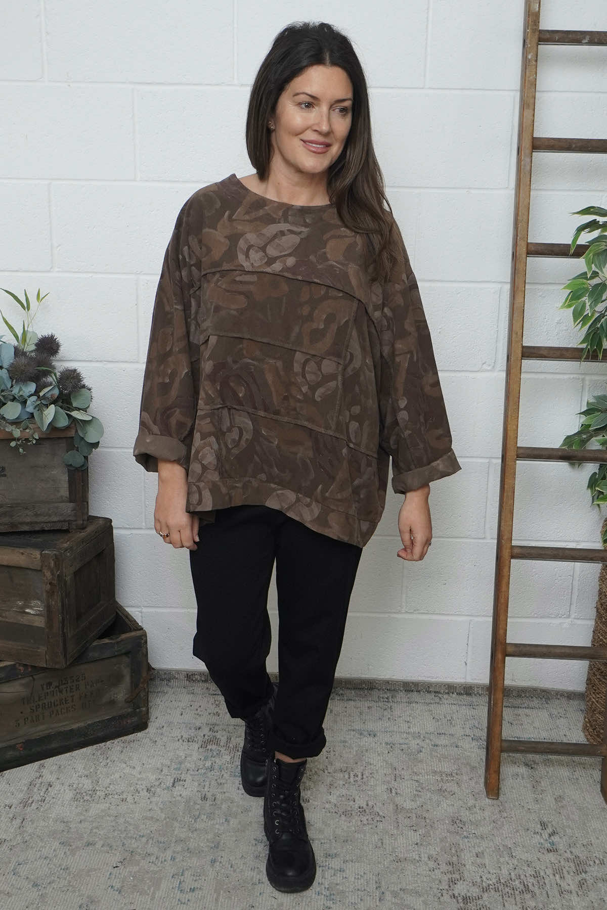 Doreen Print Needlecord Top Nutmeg