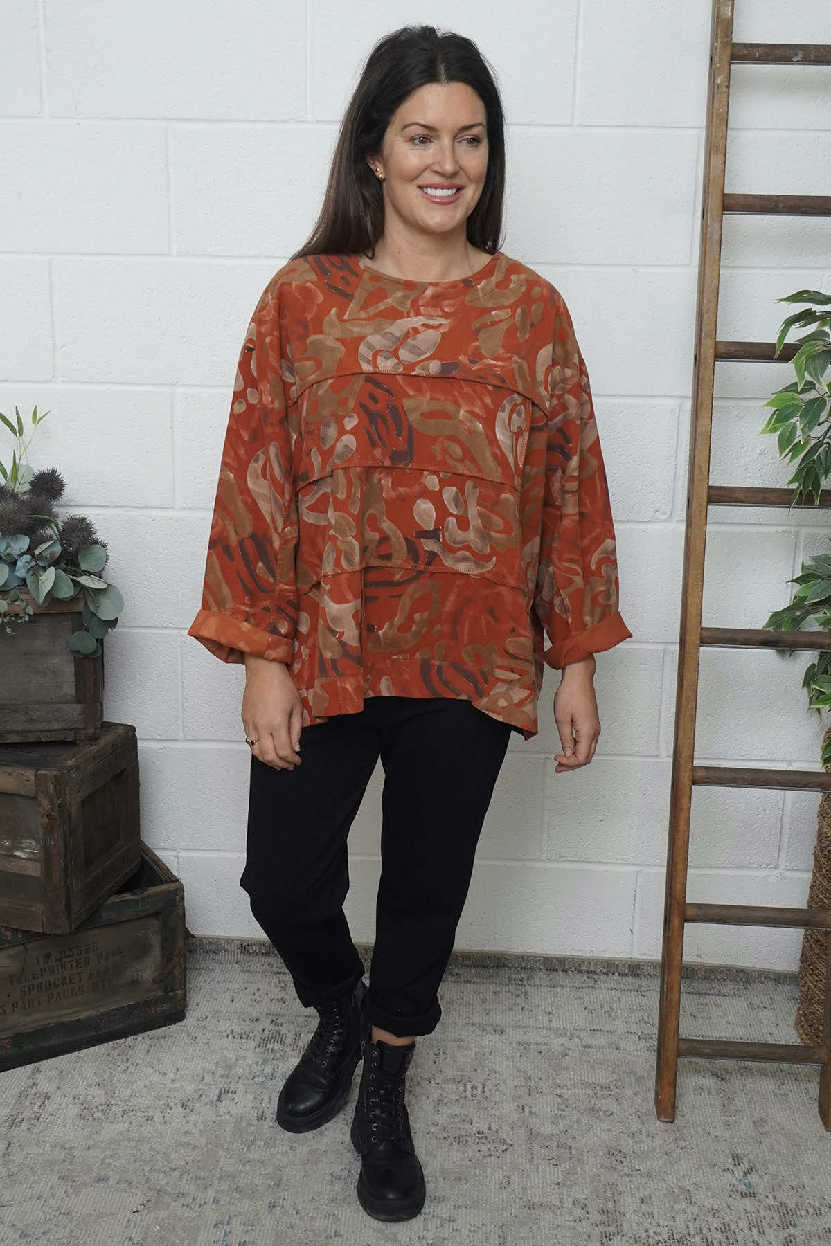 Doreen Print Needlecord Top Burnt Orange