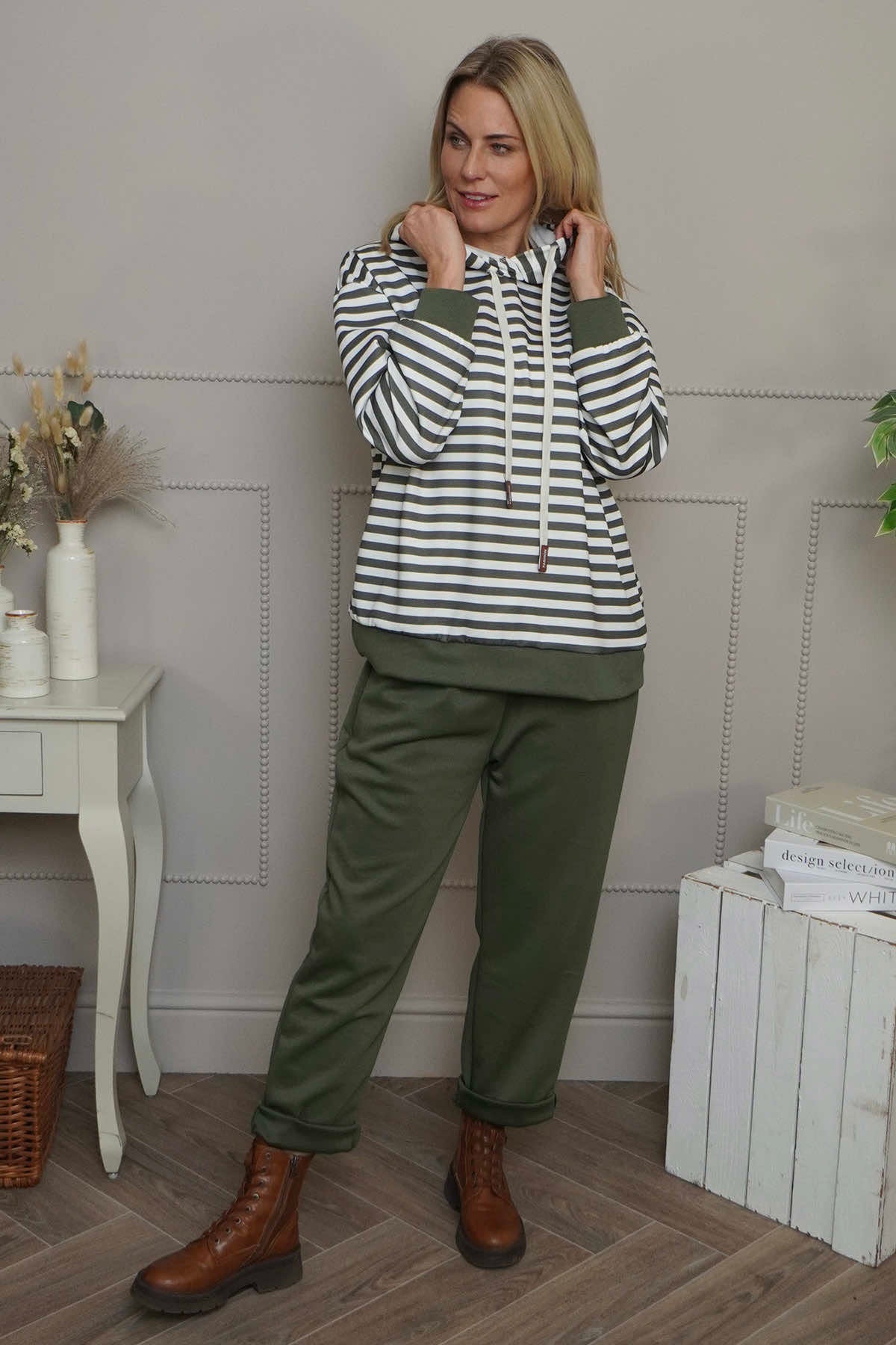 Selena Stripe Hooded Top Khaki
