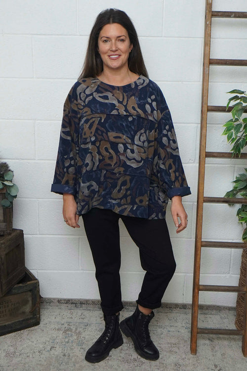 Doreen Print Needlecord Top Navy - Image 3