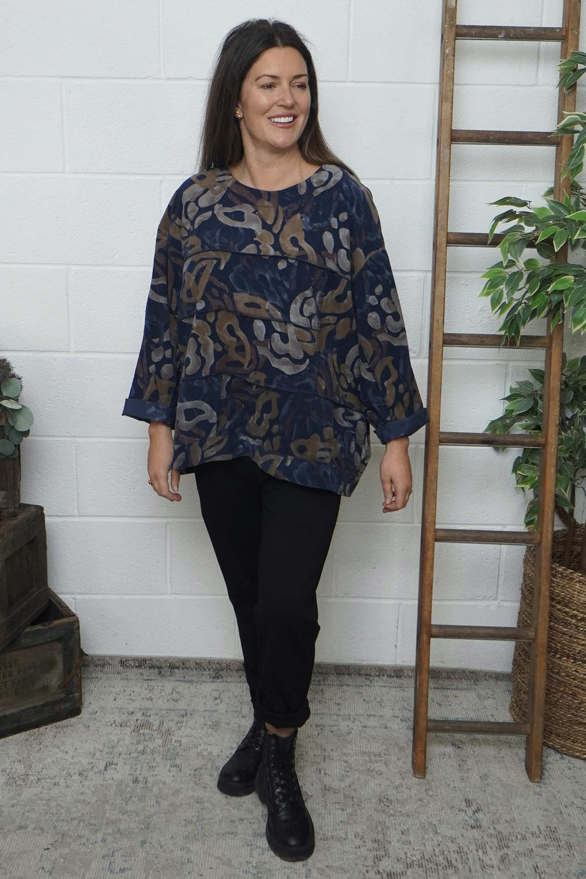 Doreen Print Needlecord Top Navy