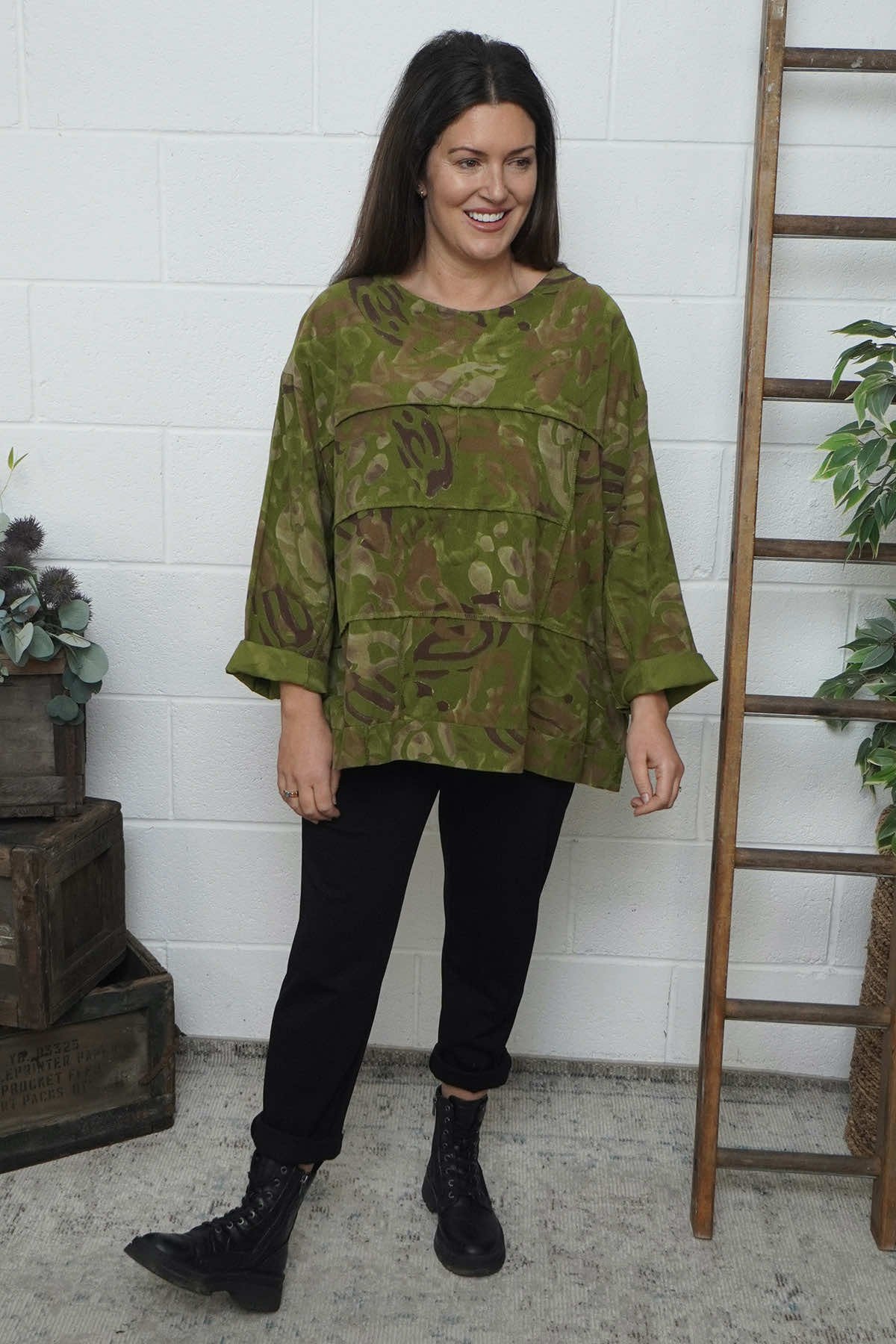 Doreen Print Needlecord Top Olive