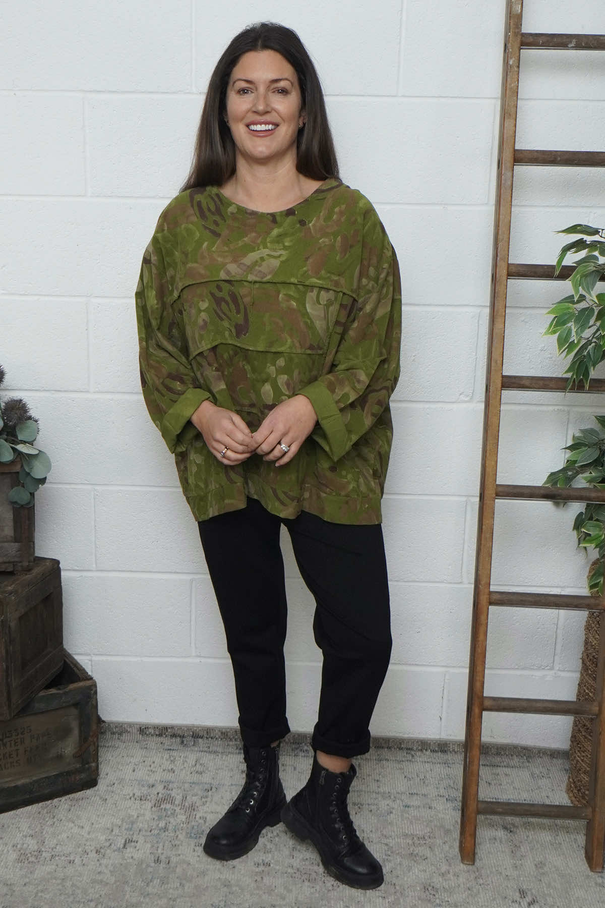 Doreen Print Needlecord Top Olive