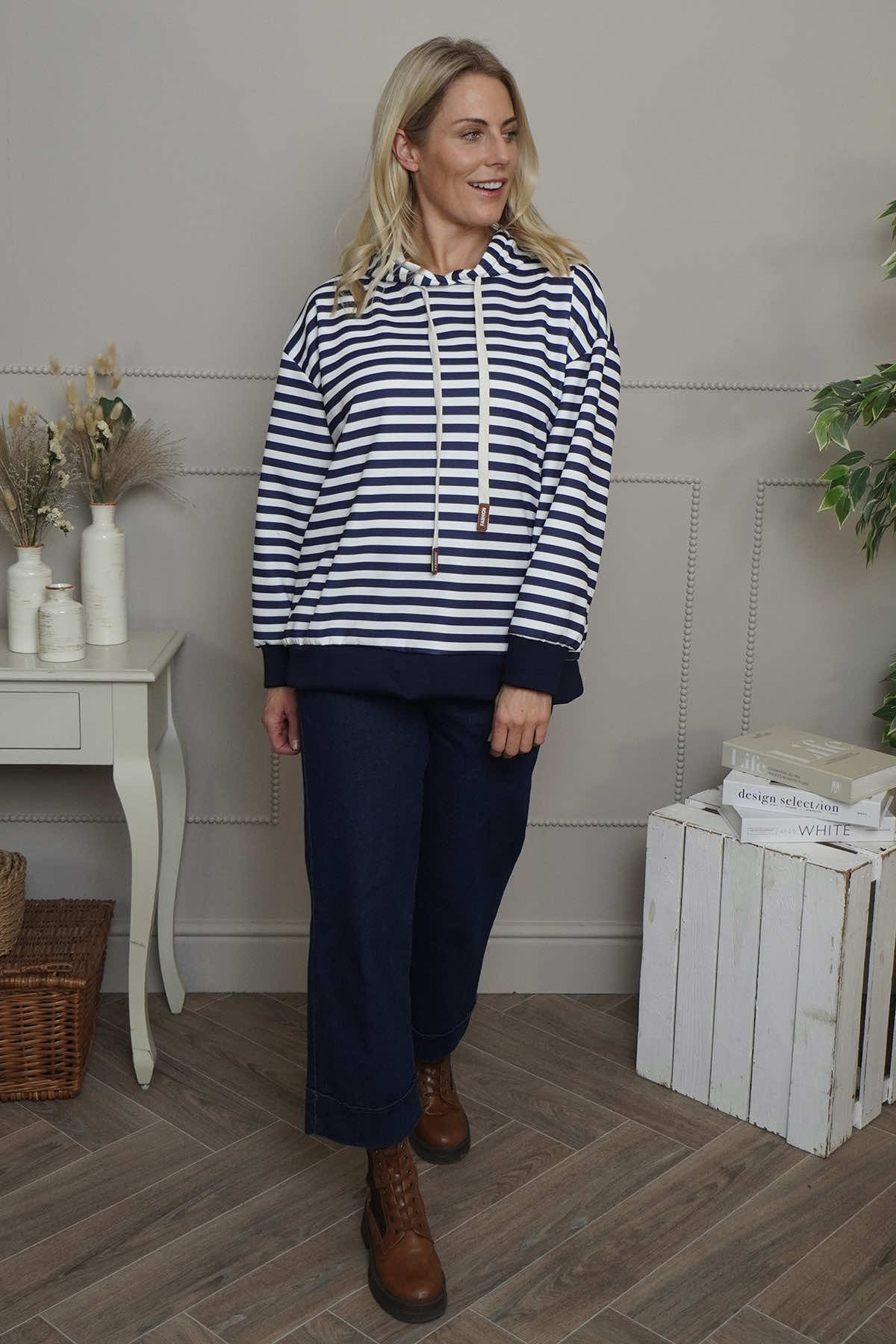 Selena Stripe Hooded Top Navy