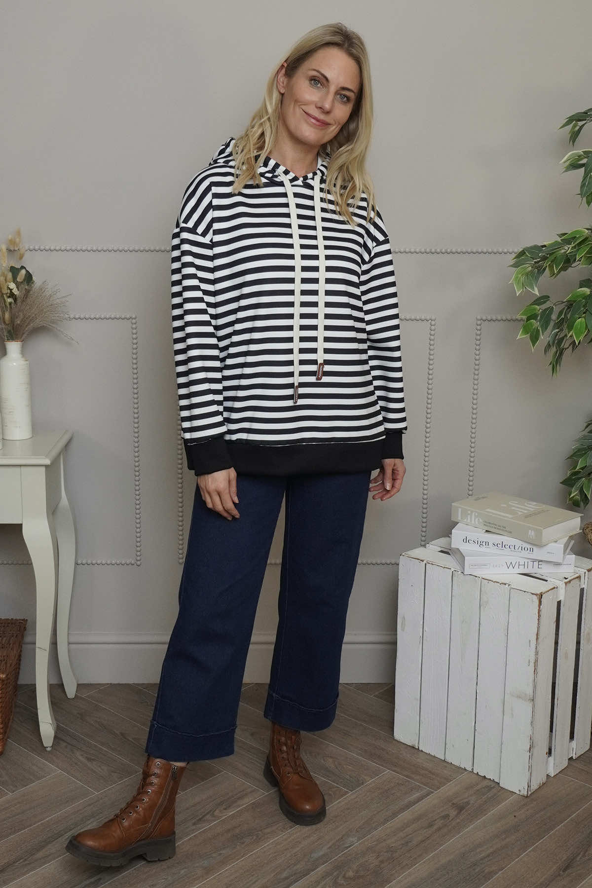 Selena Stripe Hooded Top Black