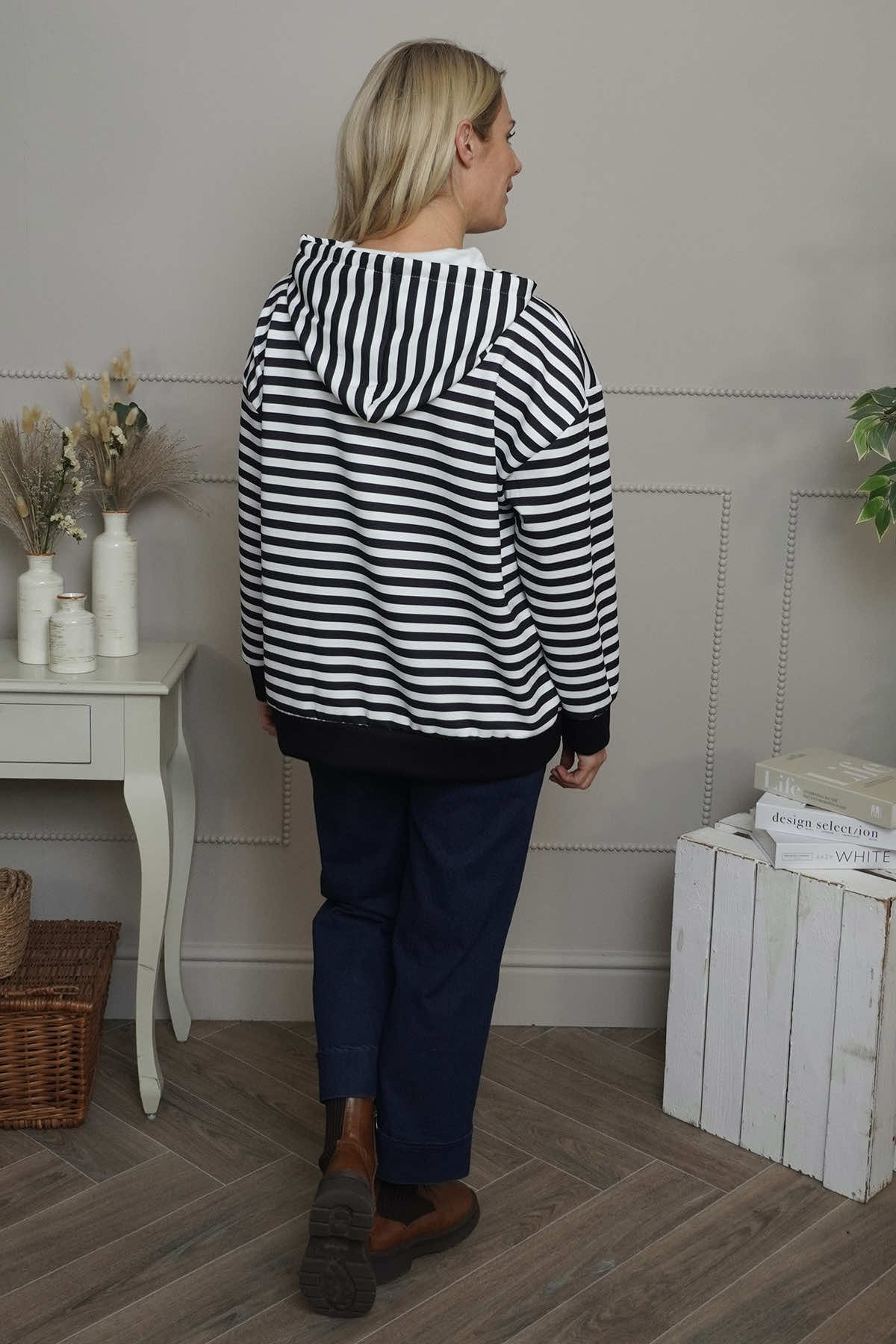 Selena Stripe Hooded Top Black