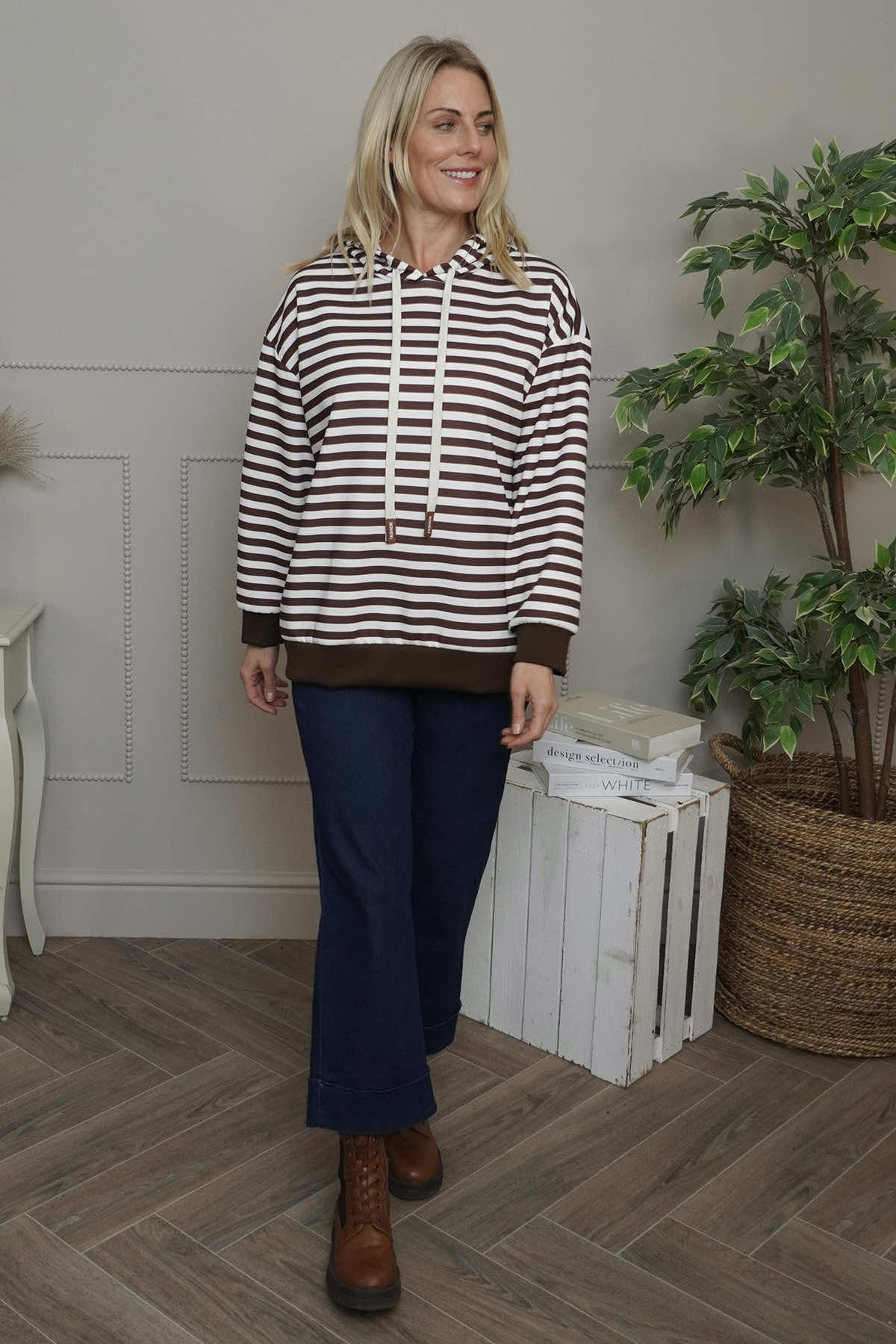Selena Stripe Hooded Top Cocoa