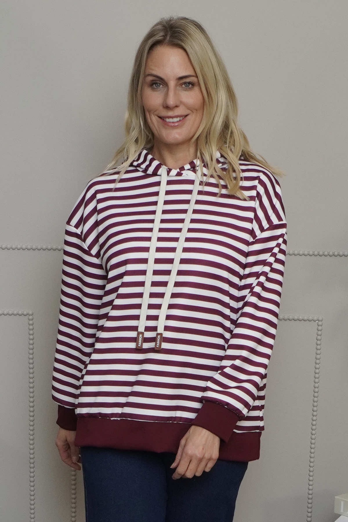 Selena Stripe Hooded Top Burgundy