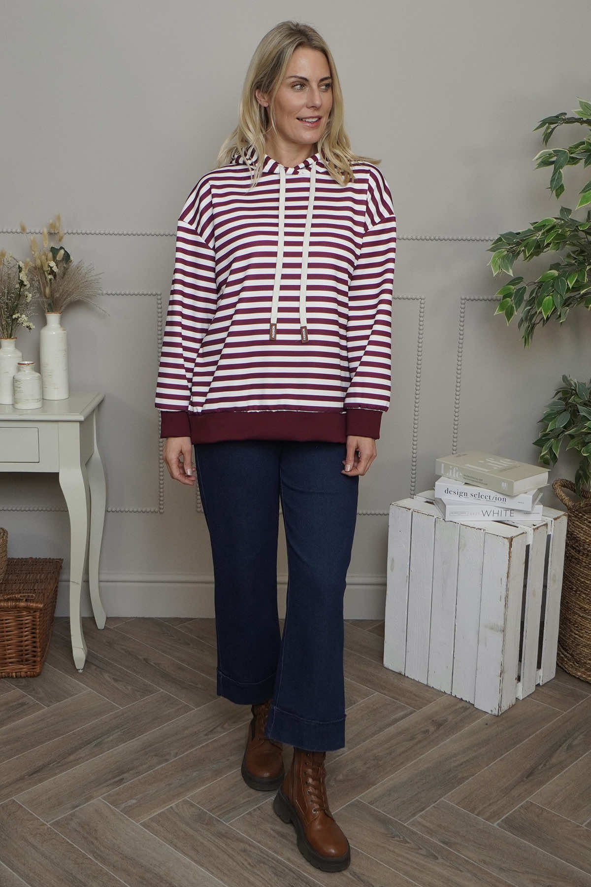 Selena Stripe Hooded Top Burgundy