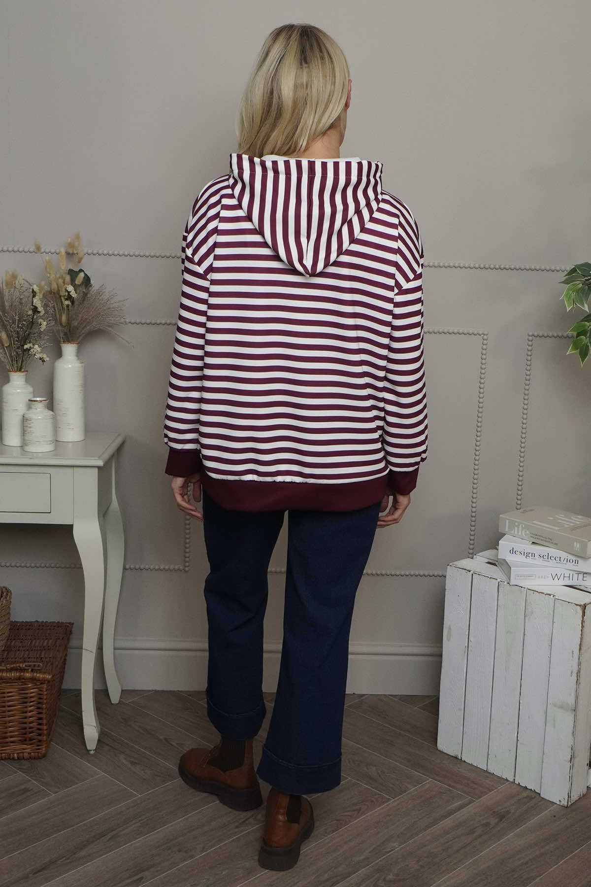 Selena Stripe Hooded Top Burgundy
