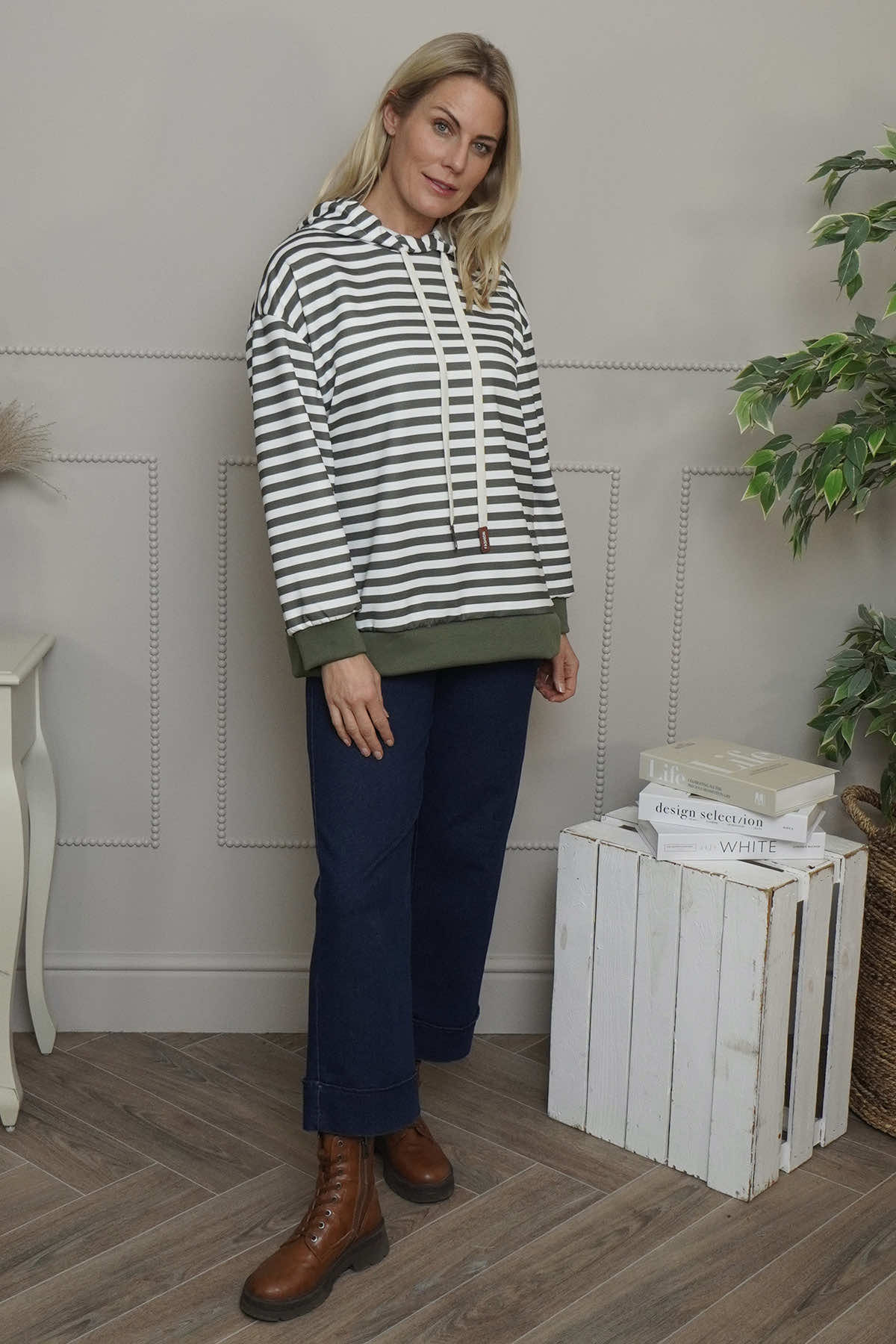 Selena Stripe Hooded Top Khaki