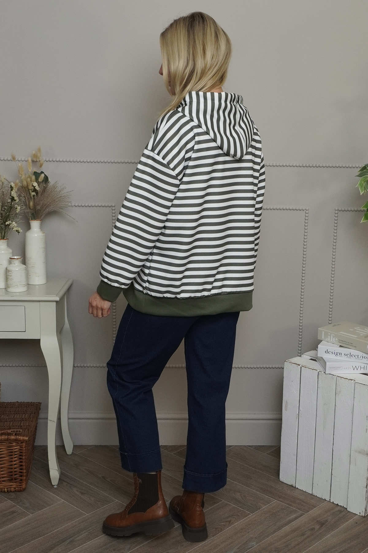 Selena Stripe Hooded Top Khaki