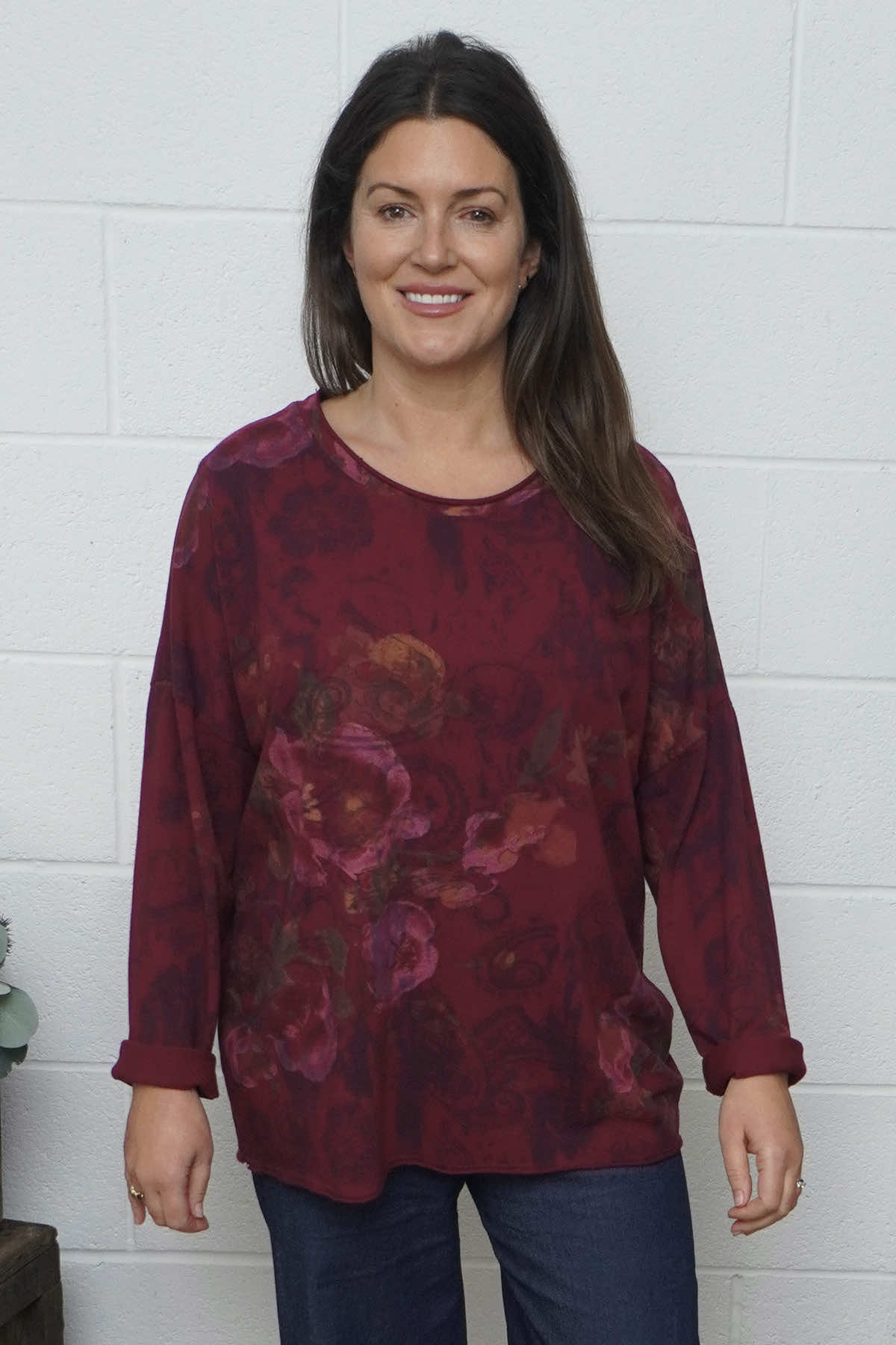 Carola Print Cotton Top Burgundy