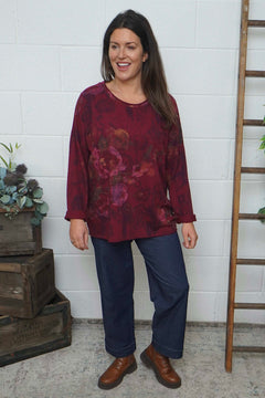 Carola Print Cotton Top Burgundy