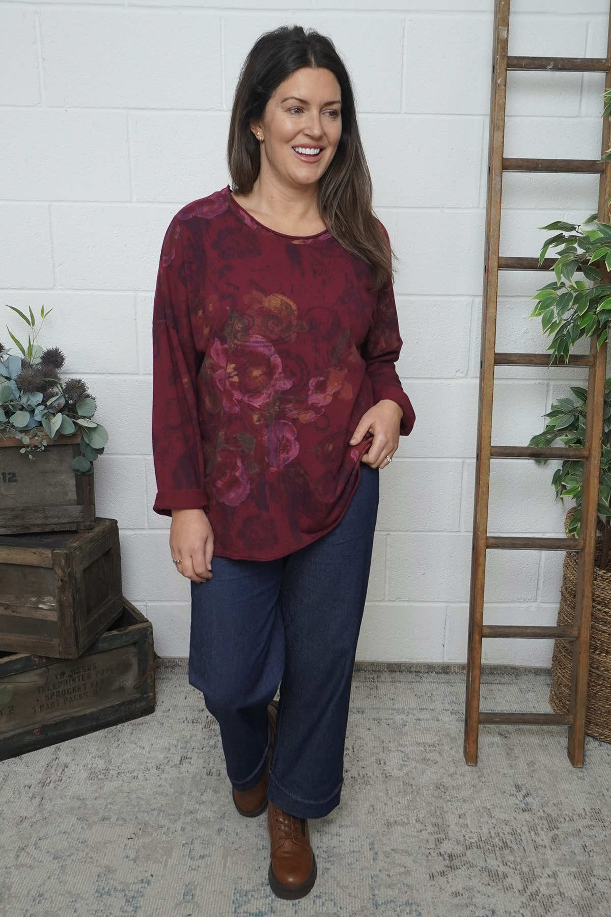 Carola Print Cotton Top Burgundy