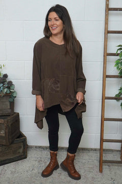 Berenice Print Detail Needlecord Top Nutmeg